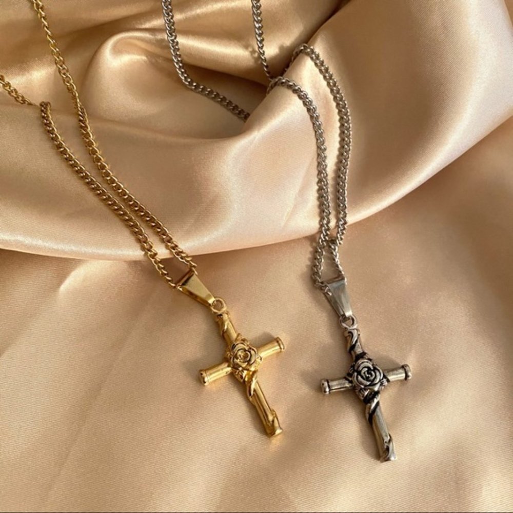 Rosary Cross Faith Necklace Gold Silver